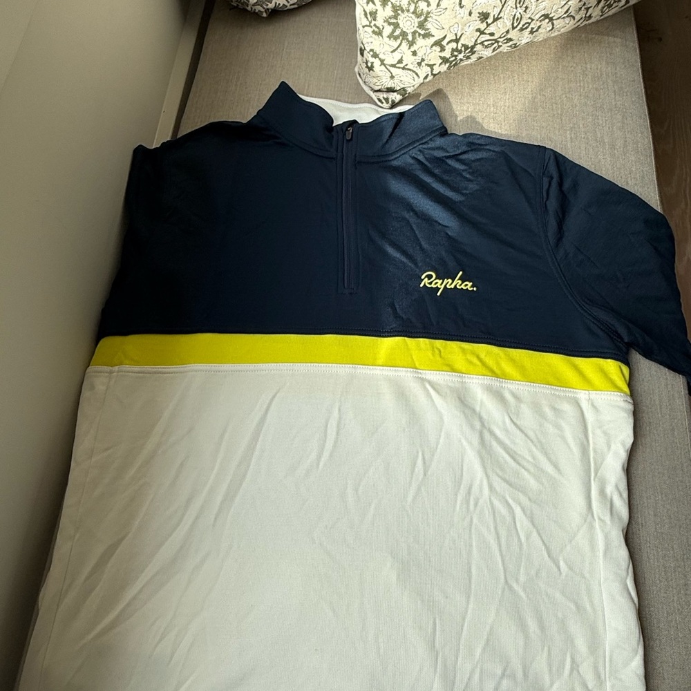 Rapha Dark Blue and White Jersey with Yellow Accent